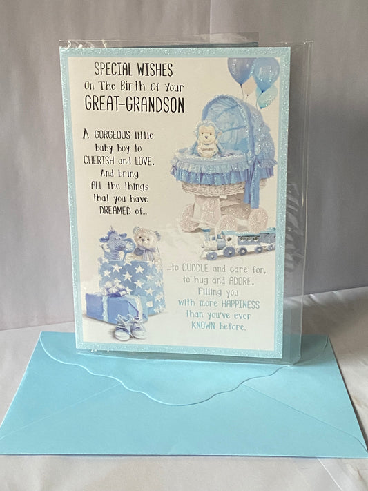 Special Wishes On The Birth Of Your Great-Grandson New Baby Boy Birth Born Card To The Great-Grandparents White/Blue/Silver Moses Basket/Monkey/Toys/Words Glitter/Foil Detail(PH42353A)