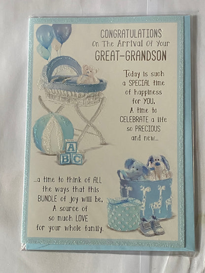 Congratulations On The Arrival Of Your Great-Grandson New Baby Boy Birth Born Card To The Great-Grandparents White/Blue/Silver Moses Basket/Teddy/Toys/Words Glitter/Foil Detail(PH42353E)