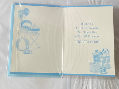 Congratulations On The Arrival Of Your Great-Grandson New Baby Boy Birth Born Card To The Great-Grandparents White/Blue/Silver Moses Basket/Teddy/Toys/Words Glitter/Foil Detail(PH42353E)