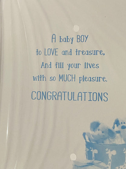 Congratulations On The Arrival Of Your Great-Grandson New Baby Boy Birth Born Card To The Great-Grandparents White/Blue/Silver Moses Basket/Teddy/Toys/Words Glitter/Foil Detail(PH42353E)