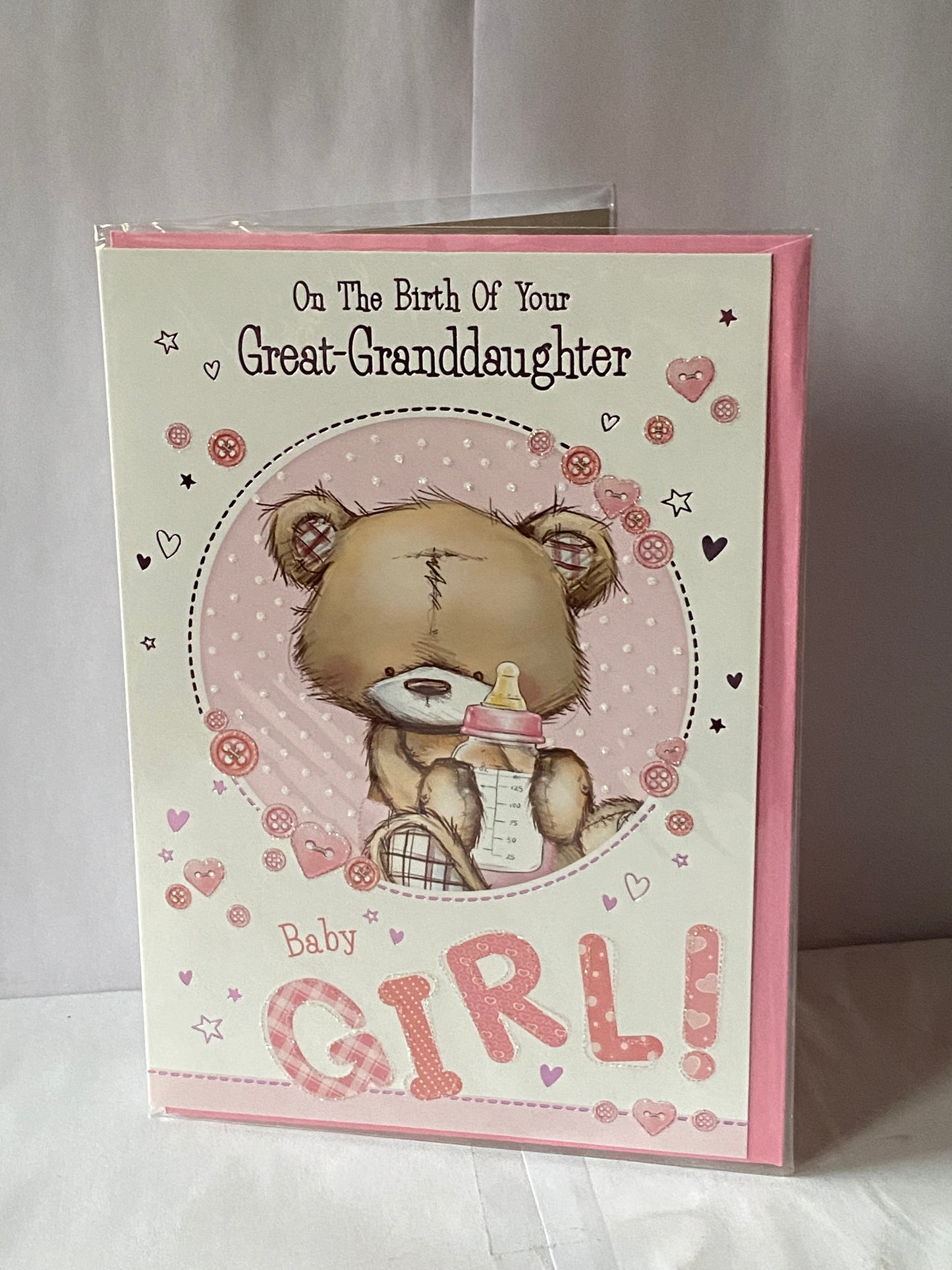 On The Birth Of Your Great-Granddaughter New Baby Girl Born Card to Great-Grandparents White/Pink Teddy/Bottle Glitter/Foil Detail(PH43644A)