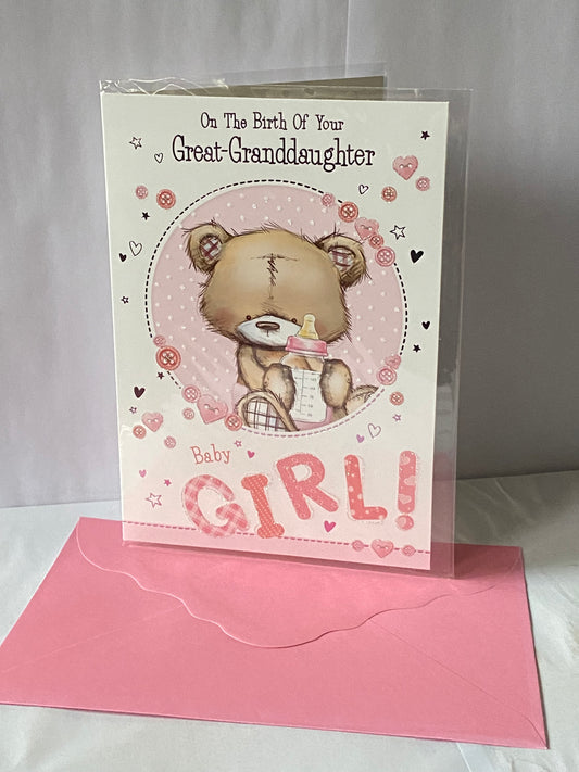 On The Birth Of Your Great-Granddaughter New Baby Girl Born Card to Great-Grandparents White/Pink Teddy/Bottle Glitter/Foil Detail(PH43644A)