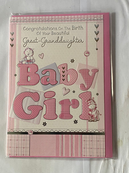 Congratulations On The Birth of Your Beautiful Great-Granddaughter Baby Girl New Baby Born Card To The Great-Grandparents White/Pink Cat/Zebra Foil Detail (PH38863A)