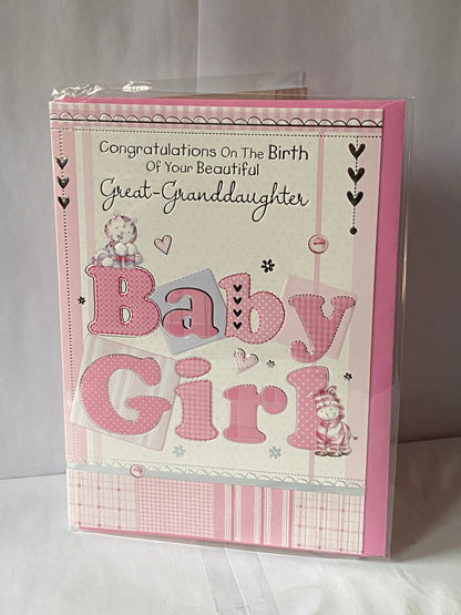 Congratulations On The Birth of Your Beautiful Great-Granddaughter Baby Girl New Baby Born Card To The Great-Grandparents White/Pink Cat/Zebra Foil Detail (PH38863A)