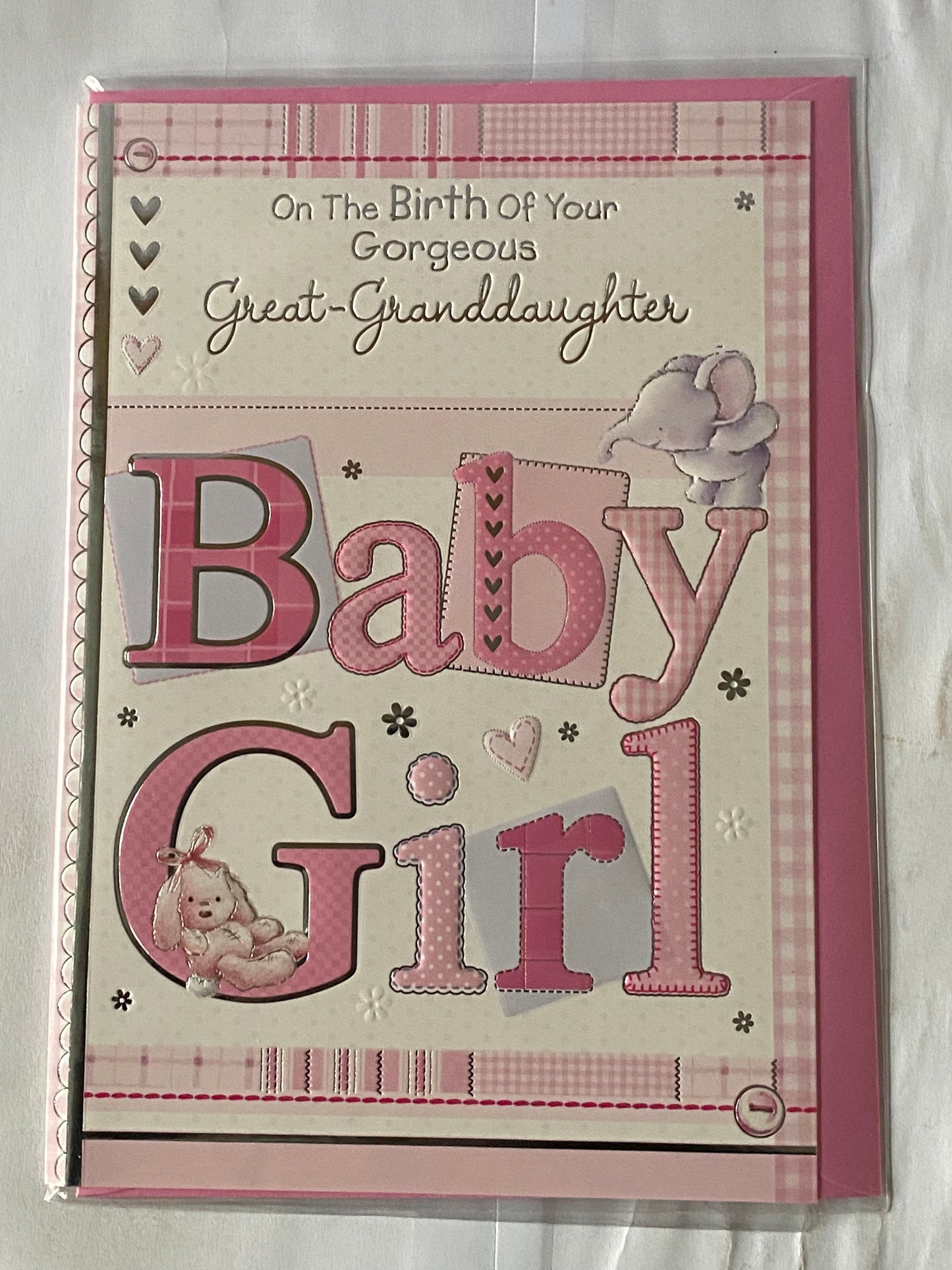 On The Birth of Your Gorgeous Great-Granddaughter Baby Girl New Baby Born Card To The Great-Grandparents White/Pink Elephant/Rabbit Foil Detail (PH38863E)