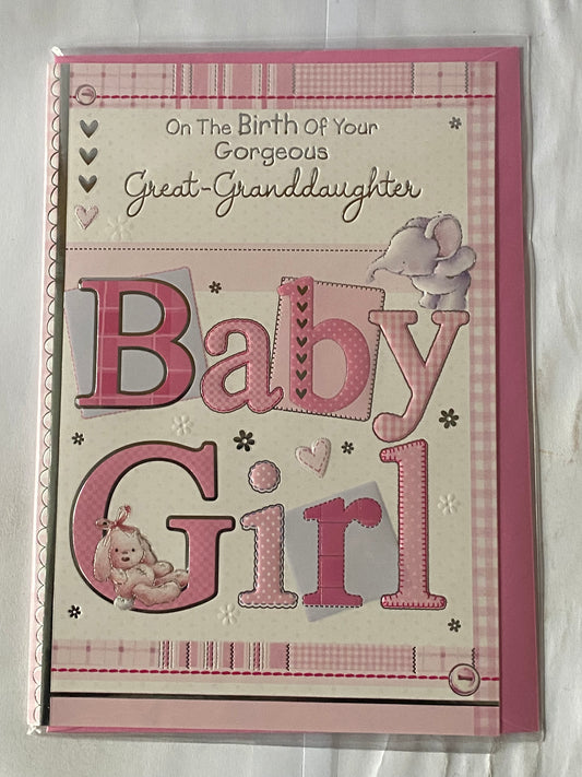 On The Birth of Your Gorgeous Great-Granddaughter Baby Girl New Baby Born Card To The Great-Grandparents White/Pink Elephant/Rabbit Foil Detail (PH38863E)