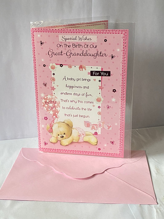 Special Wishes On The Birth Of Our Great-Granddaughter Baby Girl New Baby Born Card From The Great-Grandparents Pink-Teddy Holding Balloon/Pink Words Foil Detail(PH41077A)