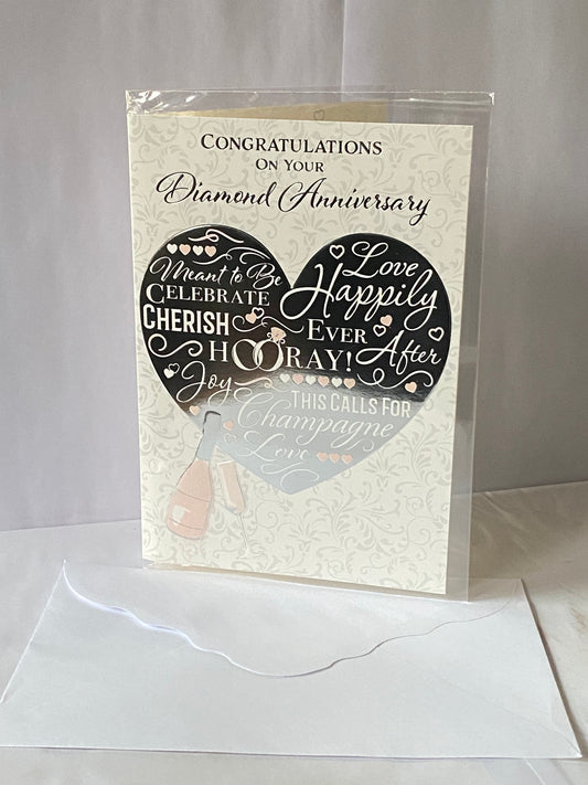 Congratulations On Your Diamond Anniversary Your 60th Wedding Anniversary Card Silver Heart/Pink Champagne Bottle+Flute Foil Detail(PH48409A)