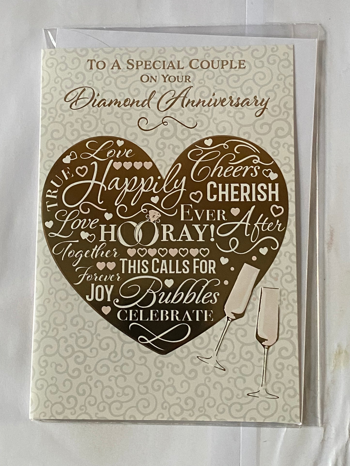 To A Special Couple On Your Diamond Anniversary Your 60th Wedding Anniversary Card Gold Heart/Pink Champagne Flutes Foil Detail(PH48409B)