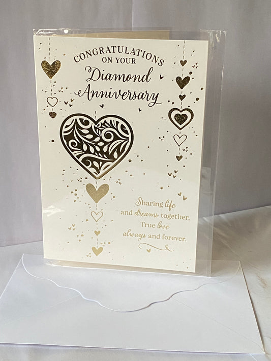 Congratulations On Your Diamond Anniversary 60th Wedding Anniversary Card White/Gold Hearts/Words Foil Detail(PH49495A)