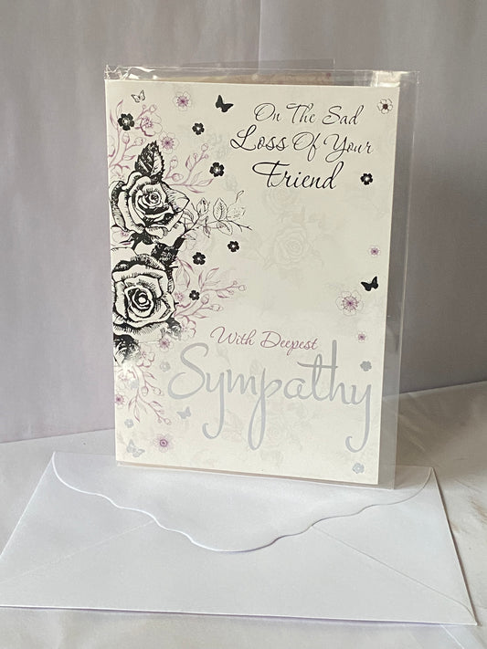 On The Sad Loss Of Your Friend With Deepest Sympathy Card Condolence White/Silver/Purple Roses/Words Foil Detail(PH42361A)