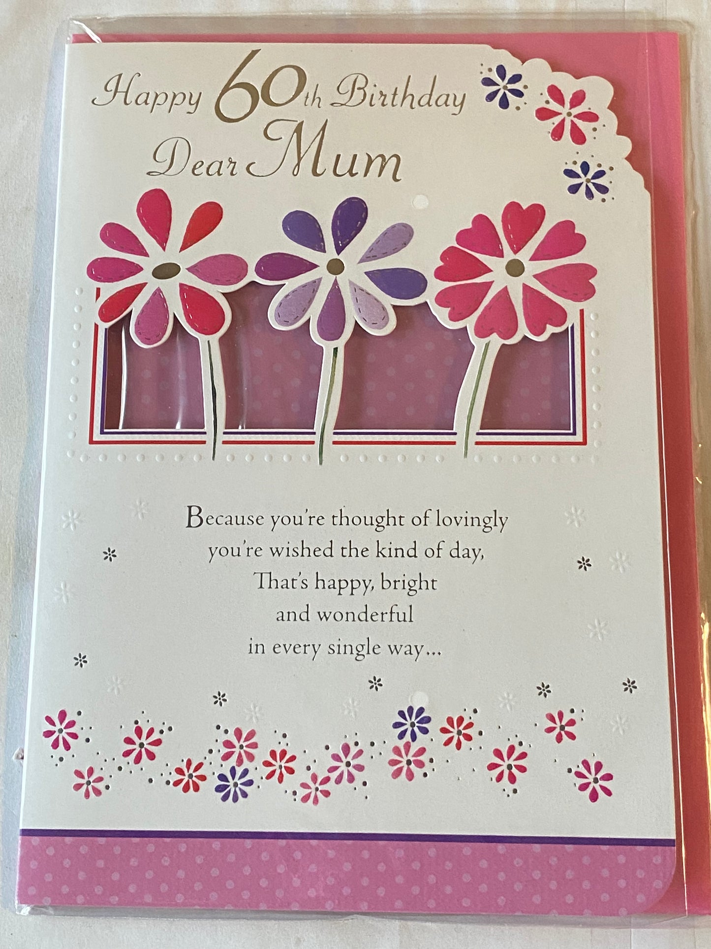 Happy 60th Birthday Dear Mum Birthday Card Age 60 Sixty Pink/Purple Flowers Foil Detail(PRELUDE31031)