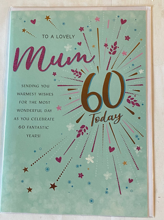 To A Lovely Mum 60 Today Birthday Card Age 60 60th Sixty Green/Purple/Gold Words Glitter/Foil Detail(REGALC80775)