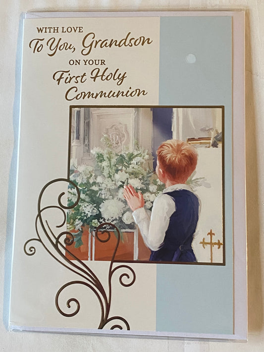 With Love To You Grandson On Your First Holy Communion Card 1st Boy Praying Foil Detail(PH47575E)