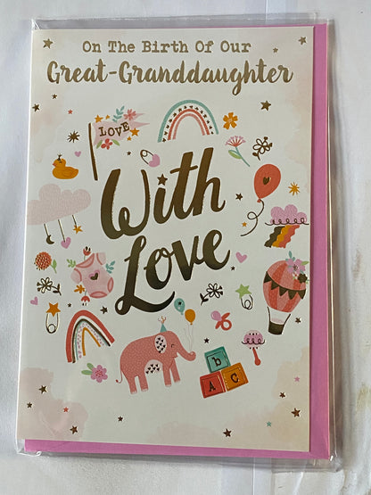 On The Birth Of Our Great-Granddaughter With Love Baby Girl New Baby Born Birth Card From The Great-Grandparents Multi Pictures/Gold Words(PH50280B)