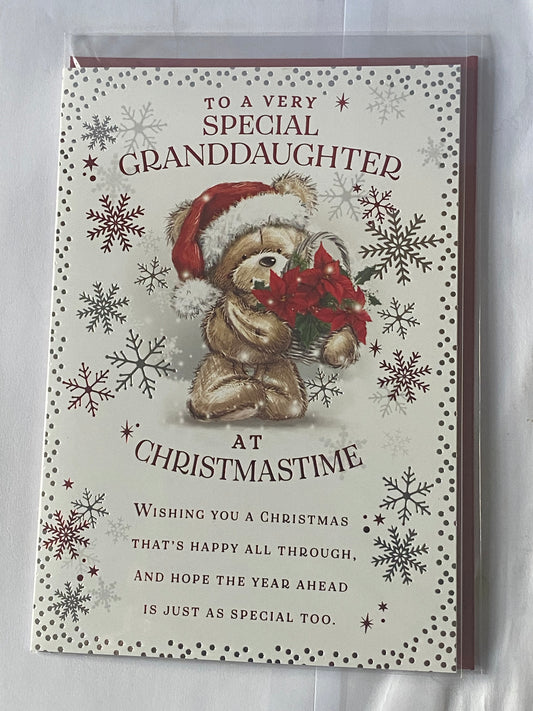 To A Very Special Granddaughter At Christmastime Christmas Card Teddy Basket Flowers/Red Words(PH46999B)