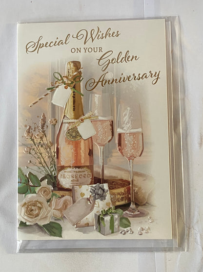Special Wishes On Your Golden Anniversary 50th Wedding Anniversary Card Pink Champagne Bottle/Flutes/Roses/Presents Foil Detail(NC-VA287A)