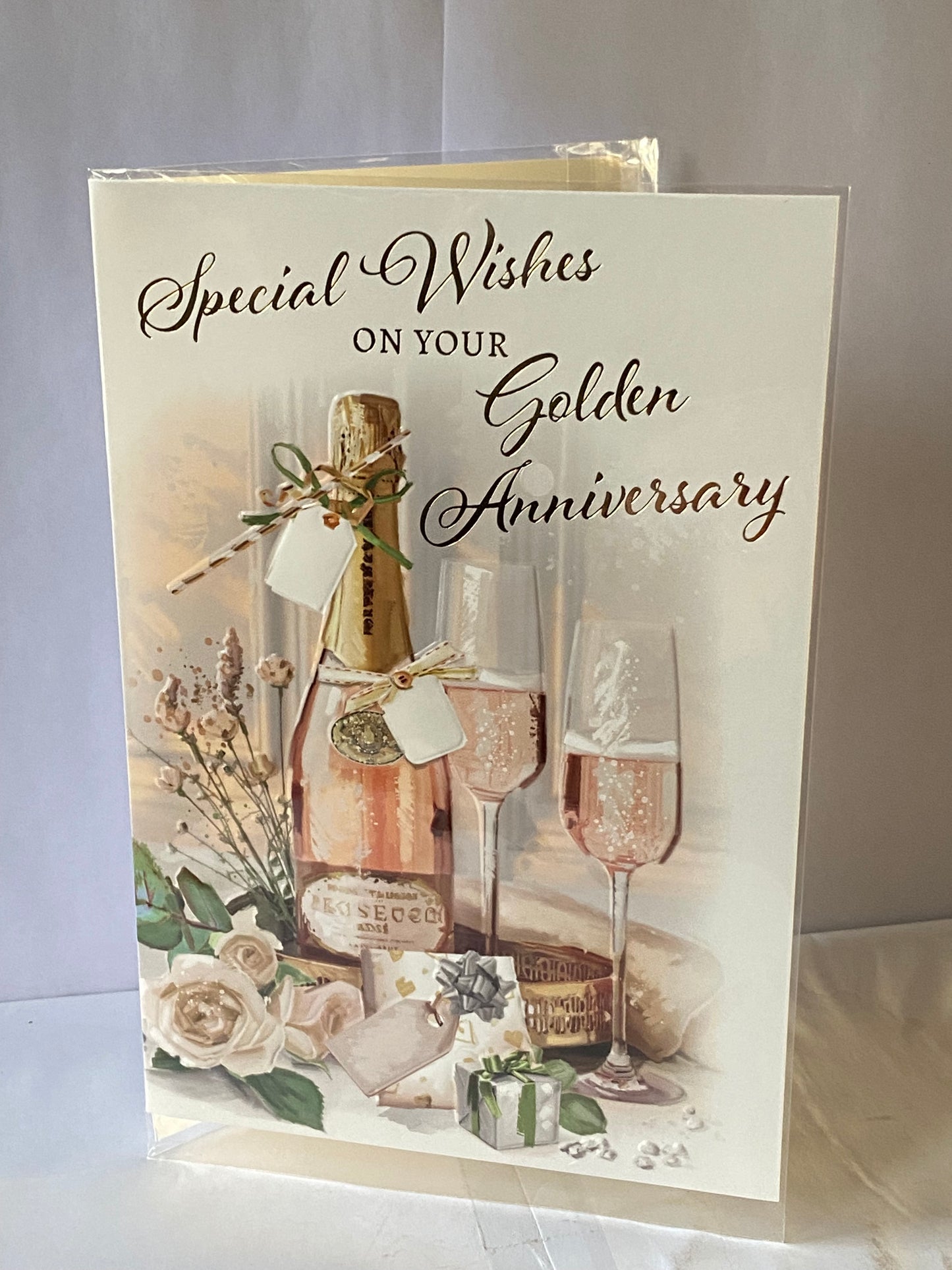 Special Wishes On Your Golden Anniversary 50th Wedding Anniversary Card Pink Champagne Bottle/Flutes/Roses/Presents Foil Detail(NC-VA287A)