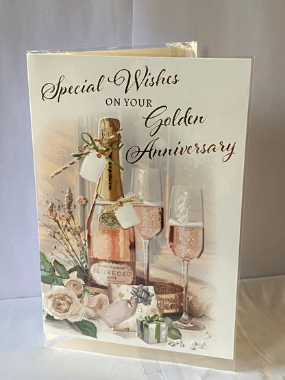 Special Wishes On Your Golden Anniversary 50th Wedding Anniversary Card Pink Champagne Bottle/Flutes/Roses/Presents Foil Detail(NC-VA287A)