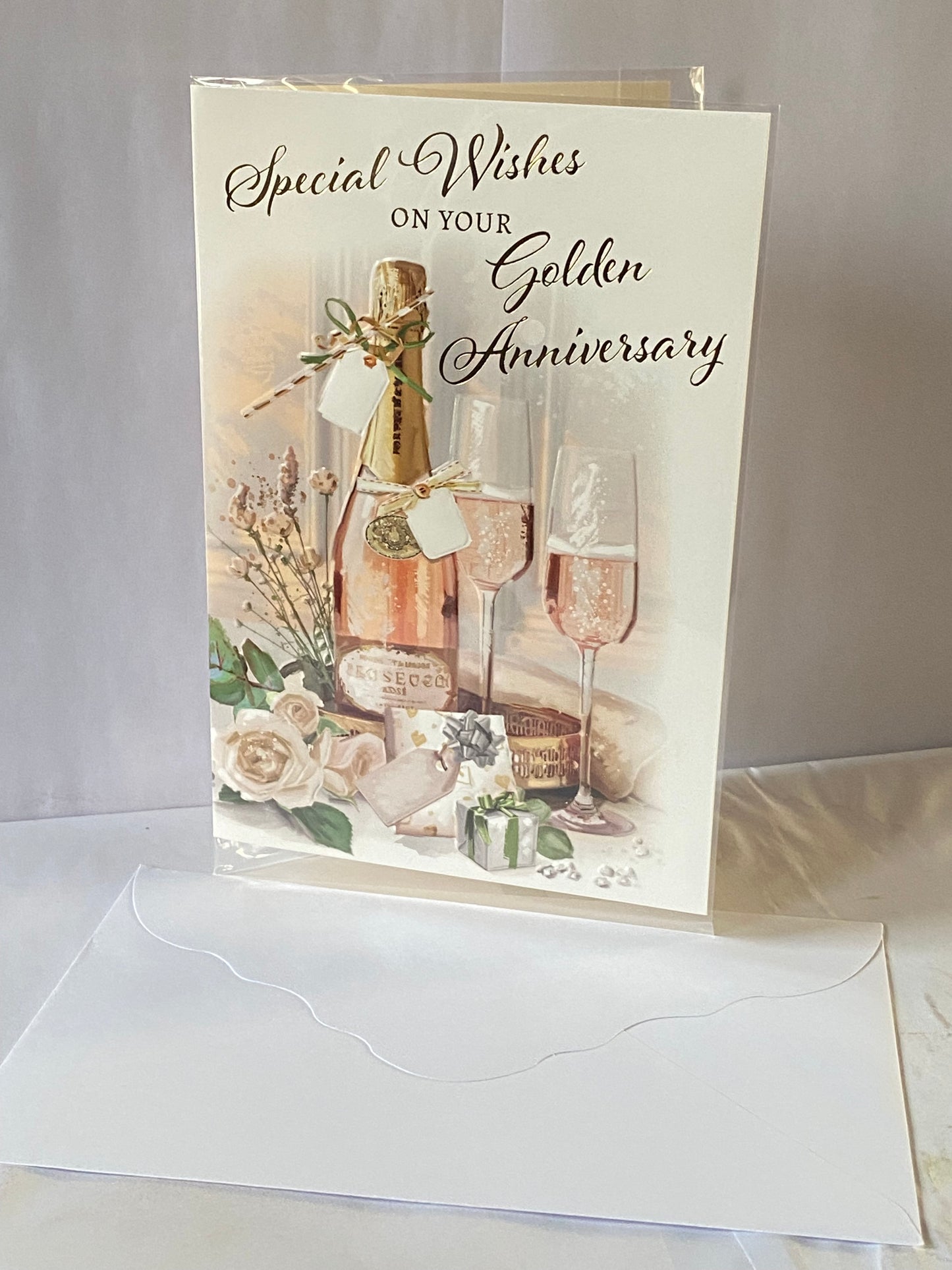 Special Wishes On Your Golden Anniversary 50th Wedding Anniversary Card Pink Champagne Bottle/Flutes/Roses/Presents Foil Detail(NC-VA287A)