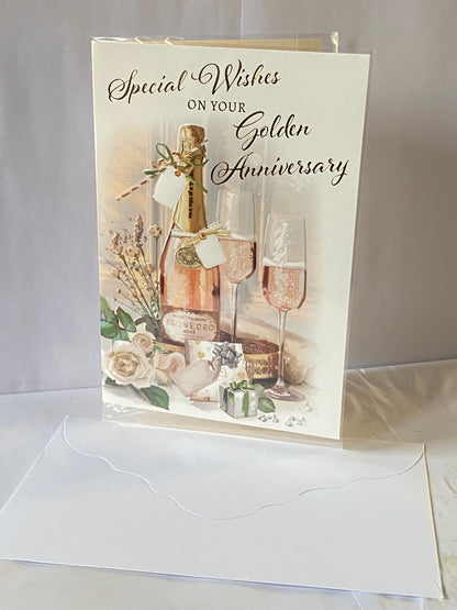 Special Wishes On Your Golden Anniversary 50th Wedding Anniversary Card Pink Champagne Bottle/Flutes/Roses/Presents Foil Detail(NC-VA287A)