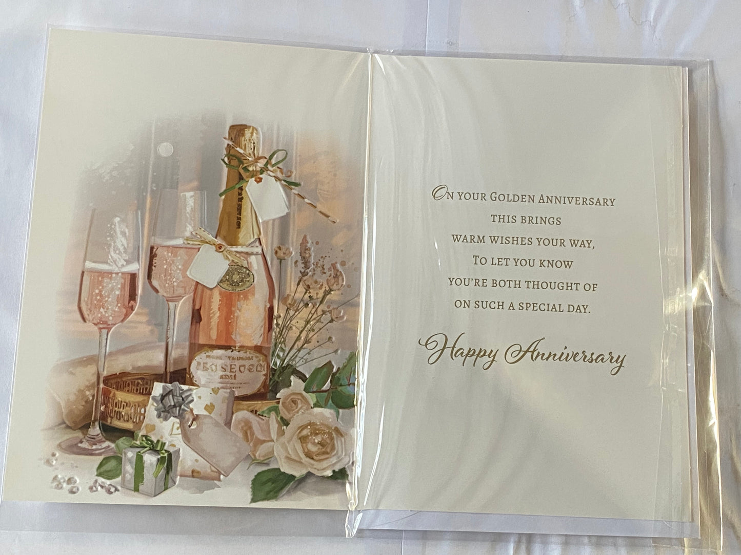 Special Wishes On Your Golden Anniversary 50th Wedding Anniversary Card Pink Champagne Bottle/Flutes/Roses/Presents Foil Detail(NC-VA287A)