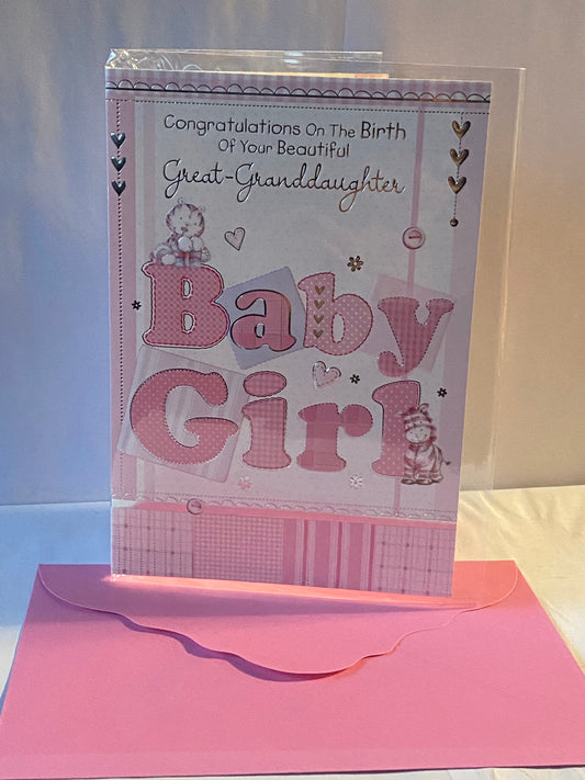 Congratulations On The Birth of Your Beautiful Great-Granddaughter Baby Girl New Baby Born Card To The Great-Grandparents White/Pink Cat/Zebra Foil Detail (PH38863A)