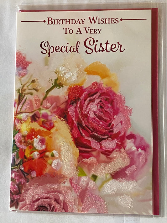 Birthday Wishes To A Very Special Sister Birthday Card Pink/Yellow Flowers Glitter/Foil Detail(NC-VA117E)