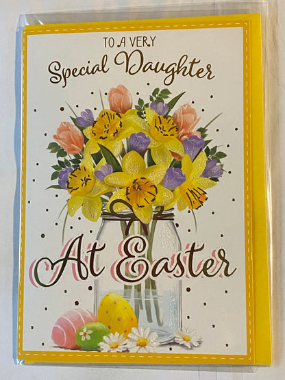 To A Very Special Daughter At Easter Card Multi Flowers/Glass Vase/Eggs Glitter/Foil Detail(PH48821E)