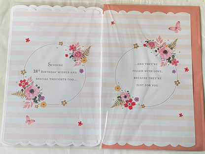 You're 18 Sister Sending Special Wishes Happy Birthday Card Age 18 Eighteen 18th Eighteenth Pink/Gold Stripes/Multi Flowers 3D/Foil Detail(PRELUDE46615)