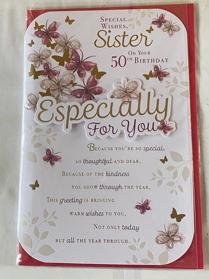 Special Wishes Sister On Your 50th Birthday Especially For You Birthday Card Age 50 Fifty Pink/Gold Butterflies/Words 3D/Foil Detail(PRELUDE39555)