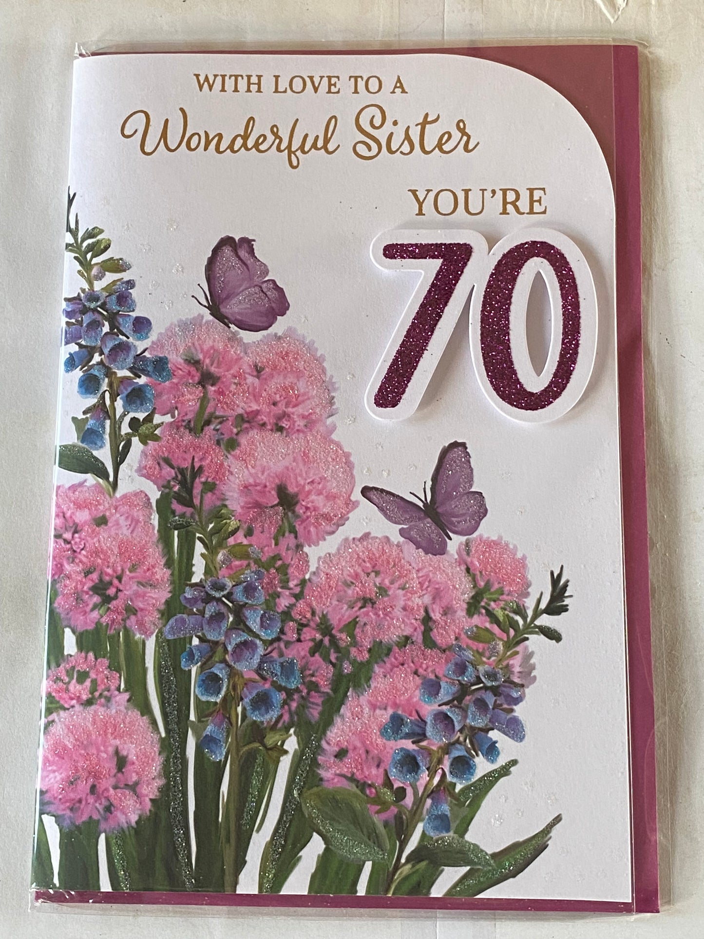 With Love To A Wonderful Sister You're 70 Birthday Card Age 70 70th Seventy White/Purple/Pink/Gold Flowers/Butterflies/Words 3D/Glitter/Foil Detail(PRELUDE45689)