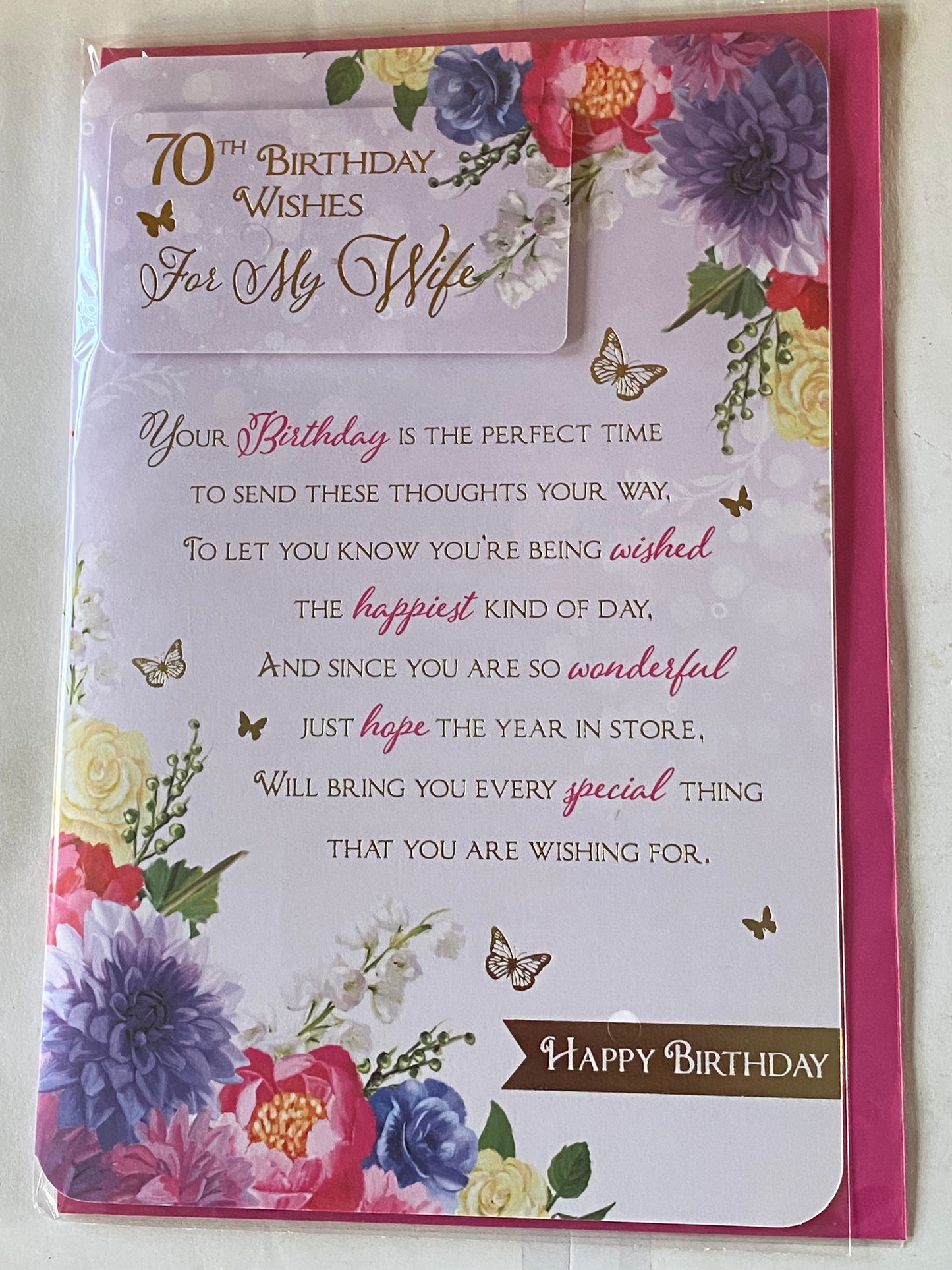 70th Birthday Wishes For My Wife Happy Birthday Card Purple/Gold/Pink Flowers/Butterflies/Words Age 70 Seventy 3D/Foil Detail(PRELUDE44063)