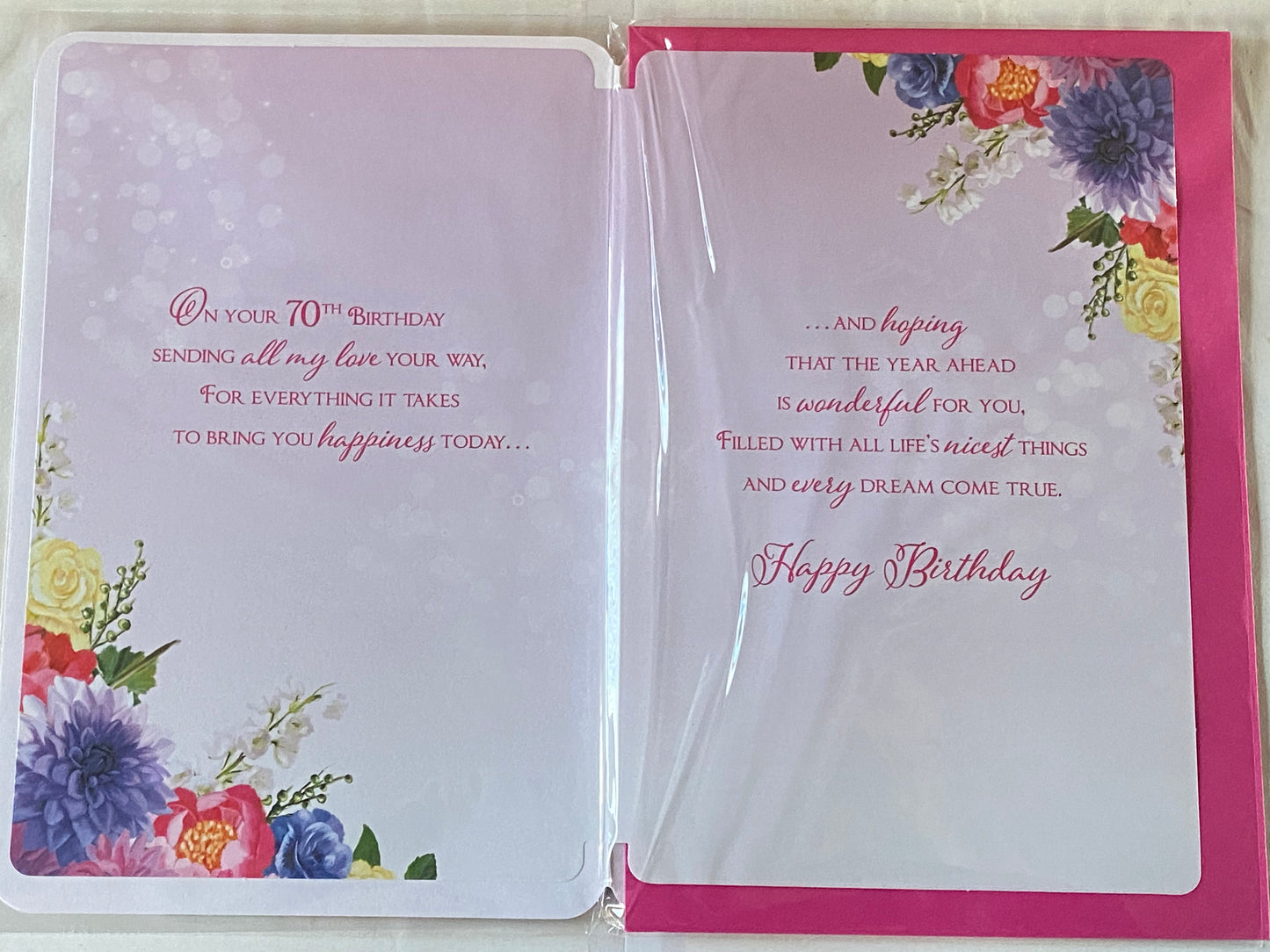 70th Birthday Wishes For My Wife Happy Birthday Card Purple/Gold/Pink Flowers/Butterflies/Words Age 70 Seventy 3D/Foil Detail(PRELUDE44063)