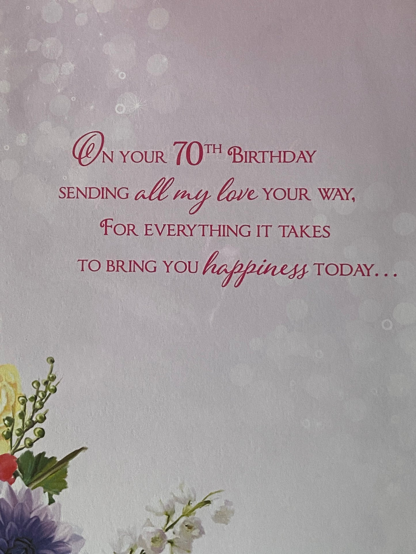 70th Birthday Wishes For My Wife Happy Birthday Card Purple/Gold/Pink Flowers/Butterflies/Words Age 70 Seventy 3D/Foil Detail(PRELUDE44063)