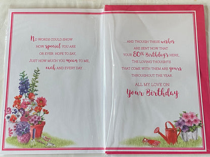 80th Birthday Wishes To My Wonderful Wife Especially For You Enjoy Your Day Birthday Card Age 80 80th Eighty Eightieth White Garden Chair/Flowers 3D/Glitter/Foil Detail(PRELUDE44068)