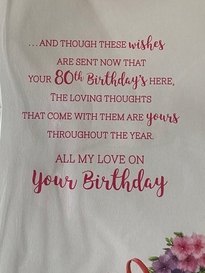 80th Birthday Wishes To My Wonderful Wife Especially For You Enjoy Your Day Birthday Card Age 80 80th Eighty Eightieth White Garden Chair/Flowers 3D/Glitter/Foil Detail(PRELUDE44068)