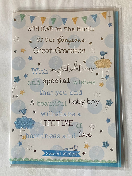 With Love On The Birth Of Our Gorgeous Great-Grandson New Baby Boy Born Card From The Great-Grandparents Blue/Green/Silver/Yellow Words/Spots/Bunting Glitter/Foil Detail(PH41080A)