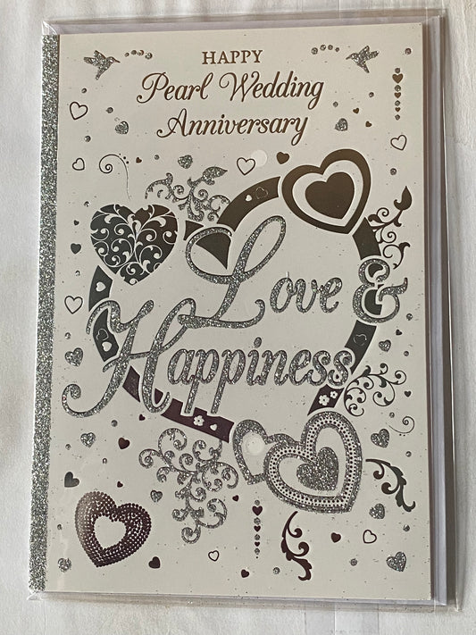 Happy Pearl Wedding Anniversary Love & Happiness On Your 30th Anniversary Card White/Silver Hearts/Words Glitter/Foil Detail(NC-VA050A)