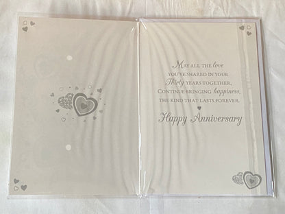 Happy Pearl Wedding Anniversary Love & Happiness On Your 30th Anniversary Card White/Silver Hearts/Words Glitter/Foil Detail(NC-VA050A)