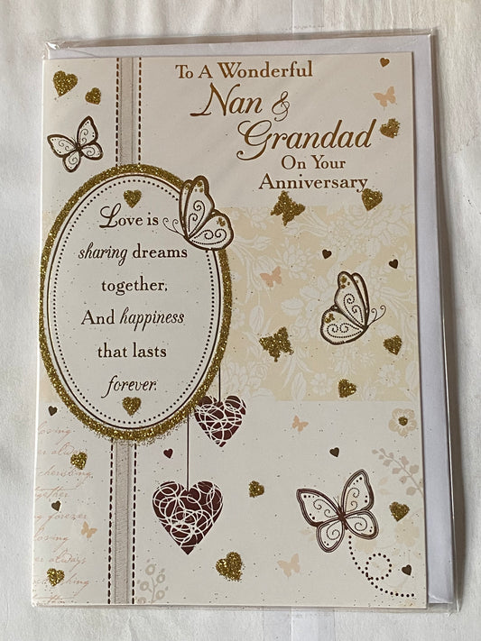 To A Wonderful Nan & Grandad On Your Anniversary Wedding Anniversary Card Gold Butterflies/Hearts/Words Glitter/Foil Detail(PH40001A)