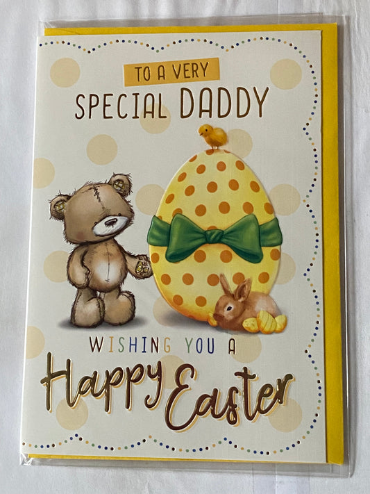 To A Very Special Daddy Wishing You A Happy Easter Card Teddy/Big Yellow Easter Eggs/Rabbit/Chick/Spots Foil Detail(PH47781E)