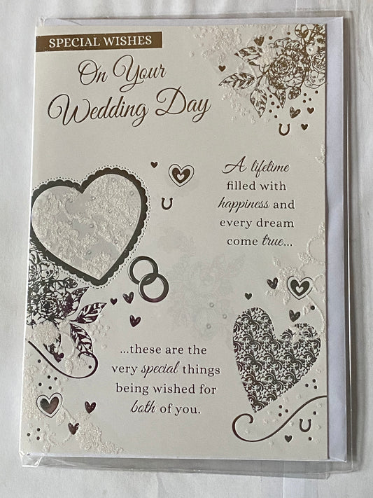 Special Wishes On Your Wedding Day Card White/Silver-Hearts/Words Glitter/Foil Detail On Your Wedding Day(PH44845E)