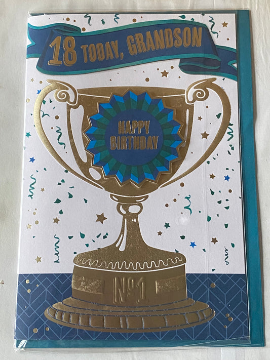 18 Today Grandson Happy Birthday Card Age 18 18th Eighteen Eighteenth Gold Trophy 3D/Foil Detail(PRELUDE49637)