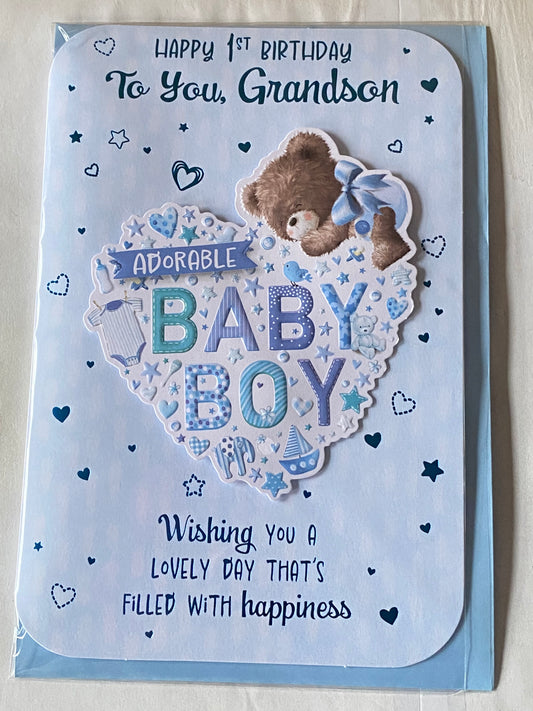 Happy 1st Birthday To You Grandson Adorable Baby Boy Birthday Card Grandson's First 1st Age 1 One Birthday Blue-Teddy/Heart 3D/Foil Detail(PRELUDE49759)