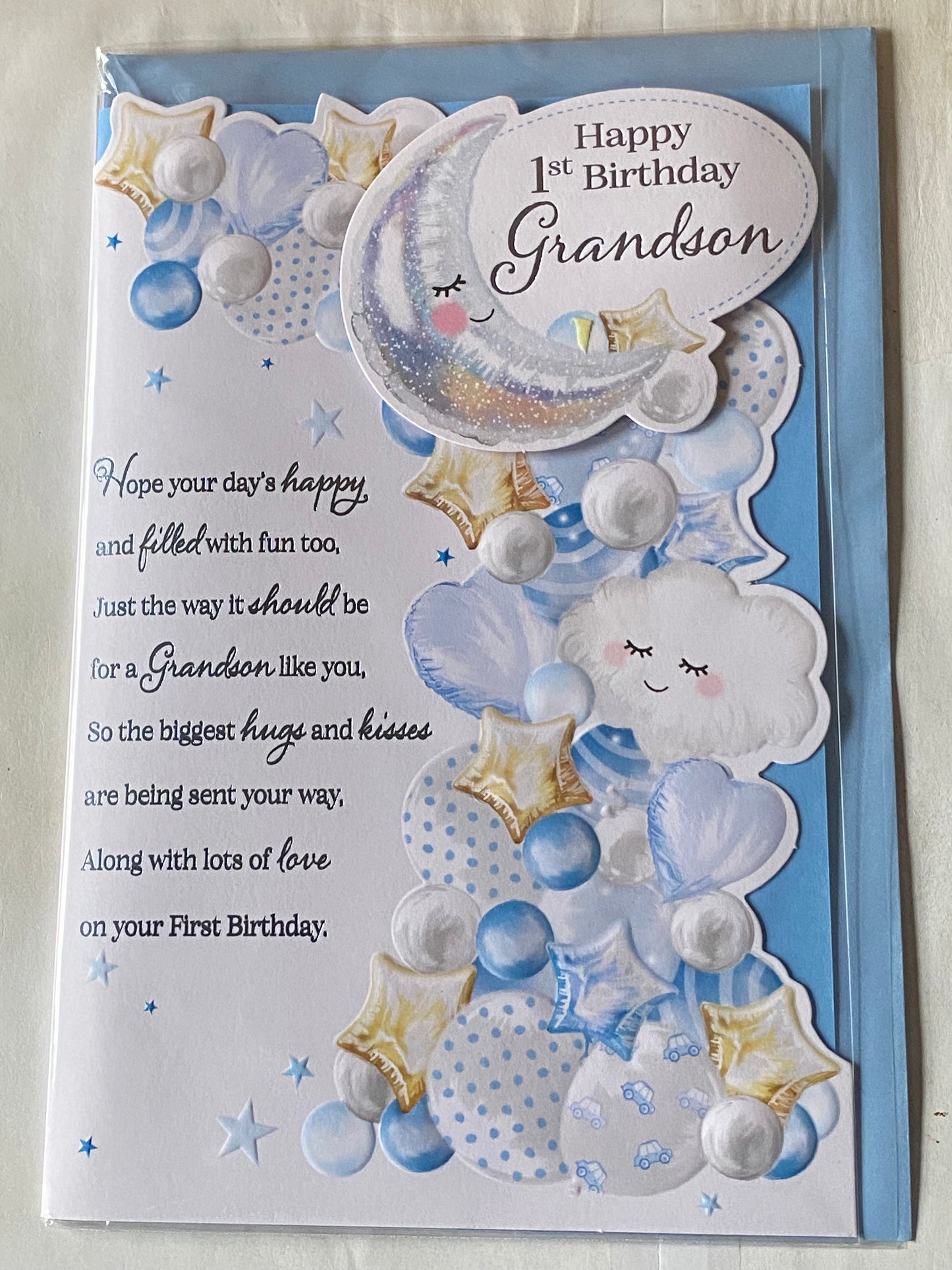 Happy 1st Birthday Grandson Birthday Card Grandson's First 1st Age 1 One Birthday Moon/Cloud/Balloons/Blue Words 3D/Foil Detail(PRELUDE49761)