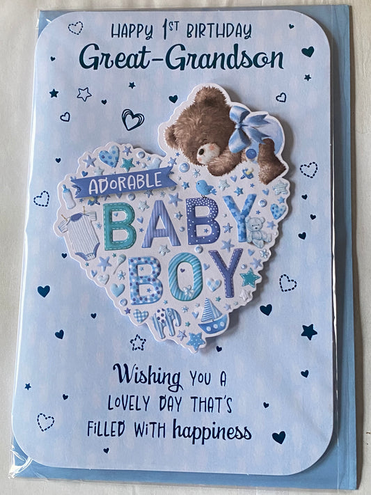 Happy 1st Birthday Great-Grandson Adorable Baby Boy Birthday Card Great-Grandson's First 1st Age 1 One Birthday Blue-Teddy/Heart 3D/Foil Detail(PRELUDE49759)