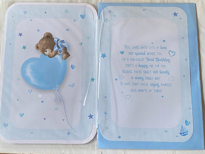 Happy 1st Birthday Great-Grandson Adorable Baby Boy Birthday Card Great-Grandson's First 1st Age 1 One Birthday Blue-Teddy/Heart 3D/Foil Detail(PRELUDE49759)