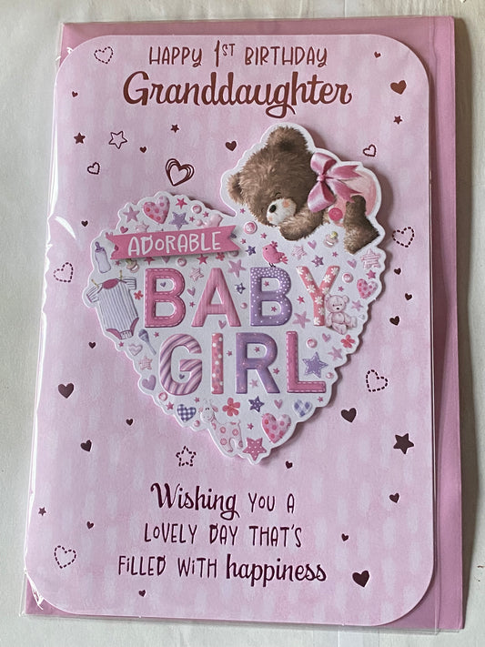 Happy 1st Birthday Granddaughter Adorable Baby Girl Birthday Card Granddaughter's First 1st Age 1 One Birthday Pink-Teddy/Heart 3D/Foil Detail(PRELUDE49758)