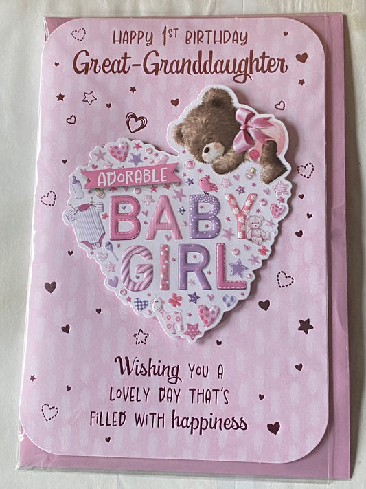 Happy 1st Birthday Great-Granddaughter Adorable Baby Girl Birthday Card Great-Granddaughter's First 1st Age 1 One Birthday Pink-Teddy/Heart 3D/Foil Detail(PRELUDE49758)